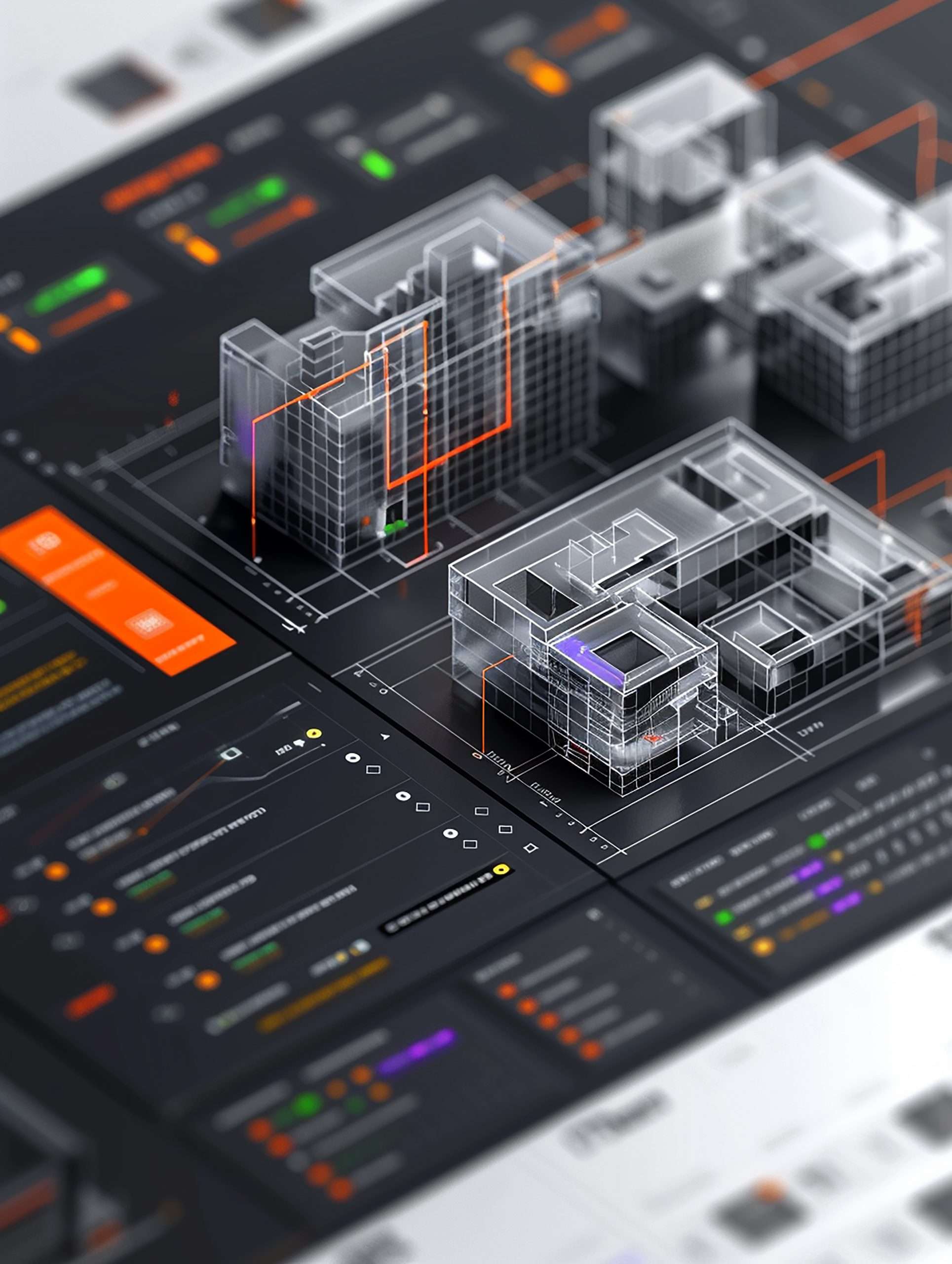 3D-Visualisierung einer digitalen Gebäudehülle mit BIM-Modell, die präzise Planung und technische Innovation symbolisiert. Das Bild steht für die digitale Kompetenz von vision4project in der modellbasierten Planung, Konstruktion und Realisierung moderner Fassaden- und Sonderkonstruktionen.